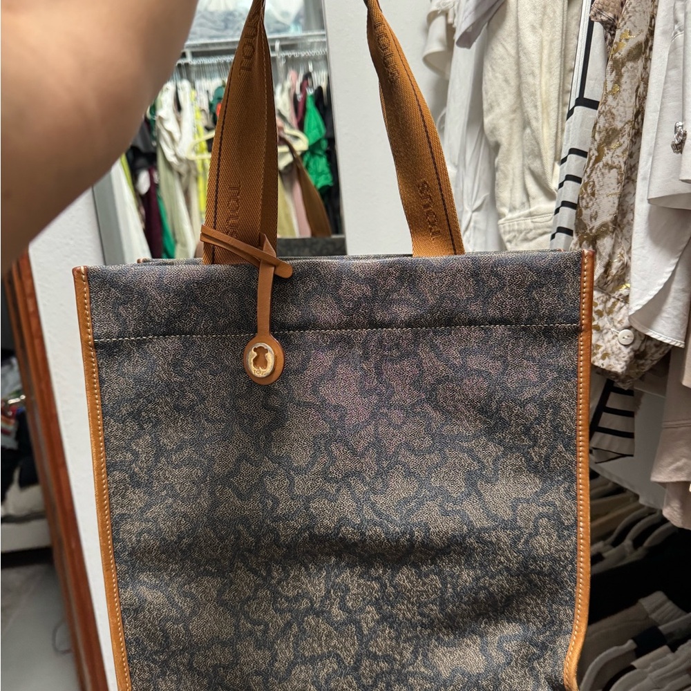 Tous Gray and Tan Tote Bag with Leather Accents